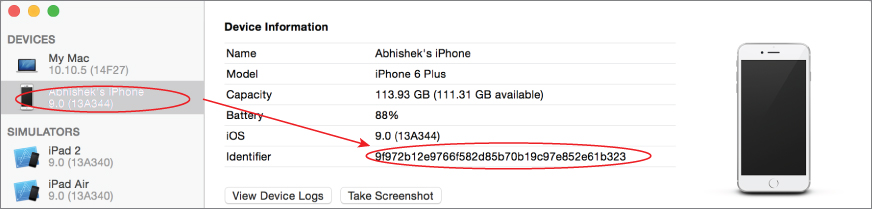 Screenshot of iOS Devices window with Abhishek's Phone option encircled and an arrow pointing to identifier, encircled. 