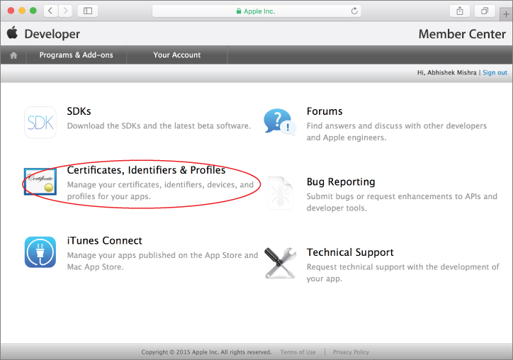 Screenshot of iOS developer account at Apple Inc. with Certificates, Identifiers & Profiles encircled in red.