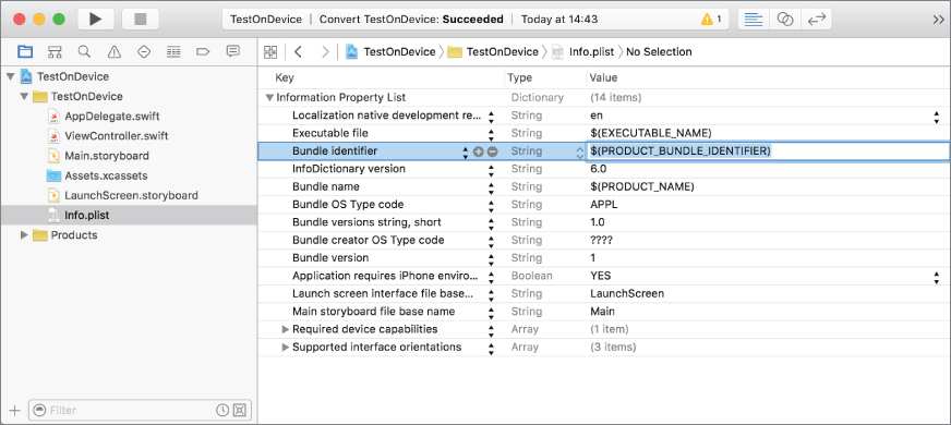 Screenshot of TestOnDevice window with the project's info.plist file selected, and a row highlighted with values Bundle Identifier in Key, String in Type, and $(PRODUCT_BUNDLE_IDENTIFIER) in Value.