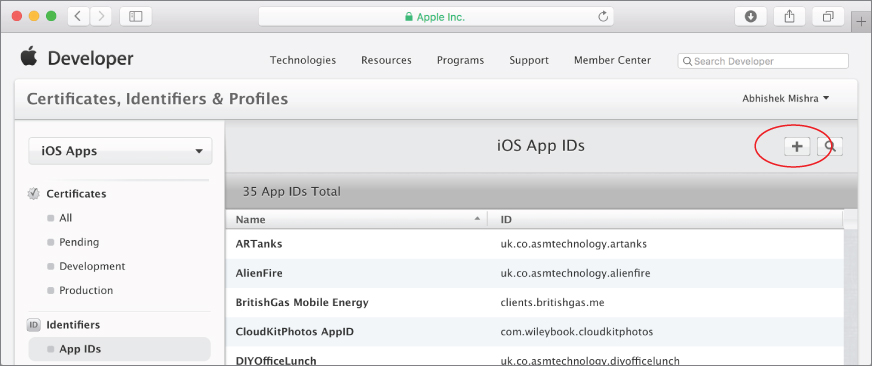  Screenshot of iOS developer account with a plus symbol encircled next to iOS App IDs on the top-right side.