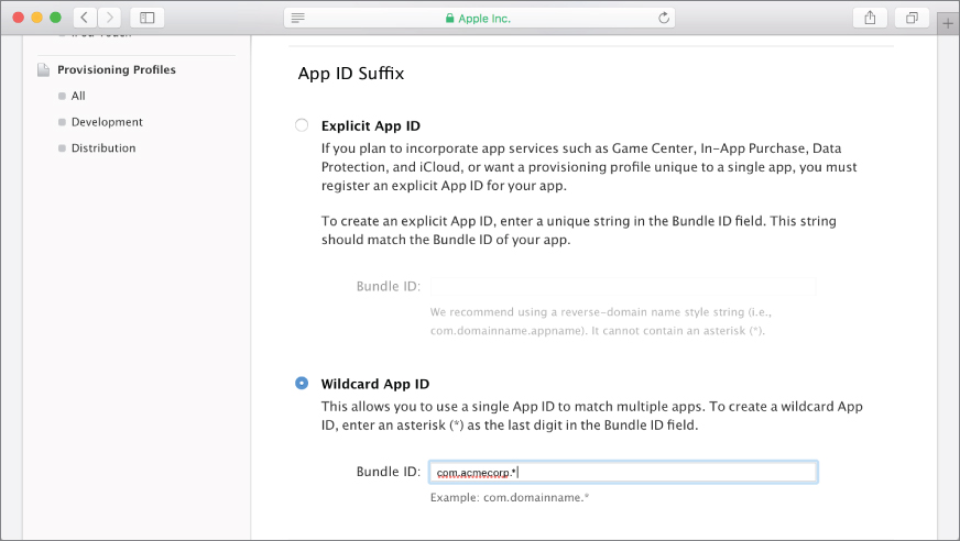Screenshot of App ID Suffix Section in iOS developer account with Wildcard App ID option checked and Bundle ID set to com.domainname.*,. 