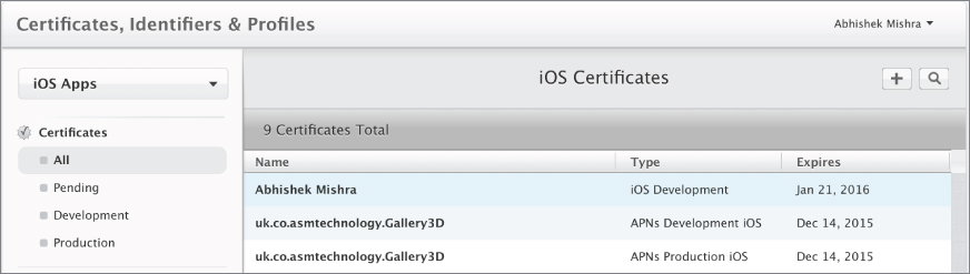 Screenshot of Certificates, Identifiers & Profiles link under the Certificates category All is grayed, and iOS Certificates listed, with a plus symbol at the top-right.