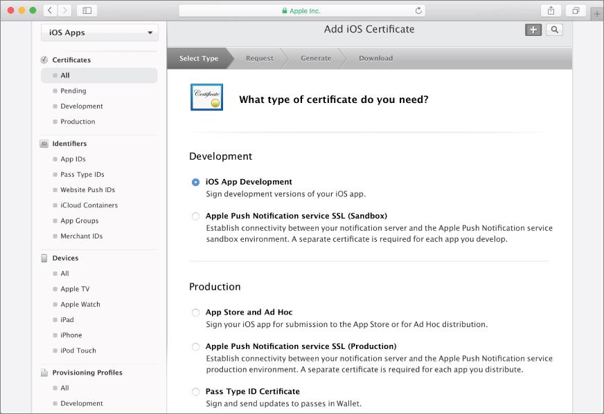 Screenshot of Add iOS Certificate section with iOS App Development selected from the list of options under What type of certificate you need? 