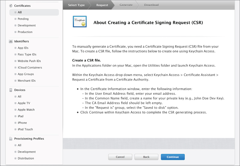 Screenshot of Add iOS Certificate section of iOS app developer account with About Creating a Certificate Signing Request (CSR) section, and a Continue button at the bottom.