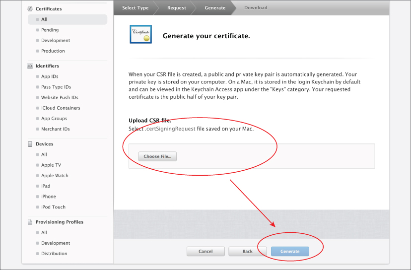 Screenshot of Generate your certificate. section with Choose file button encircled and an arrow pointing to Generate button encircled at the bottom.