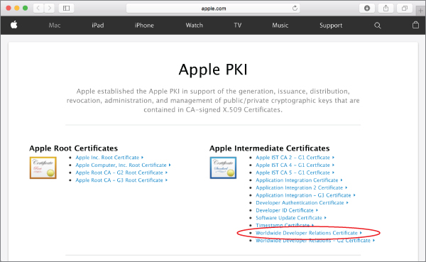 Screenshot of Apple PKI authority page with Worldwide Developer Relations Certificate link encircled.