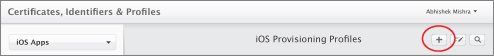 Screenshot of iOS Provisioning Profiles bar under the Certificates, Identifiers & Profiles link with plus button encircled.