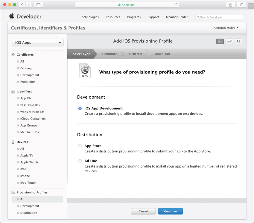 Screenshot of Add iOS Provisioning Profiles section in iOS app developer account with iOS app development option checked under Development section and Continue button at the bottom.