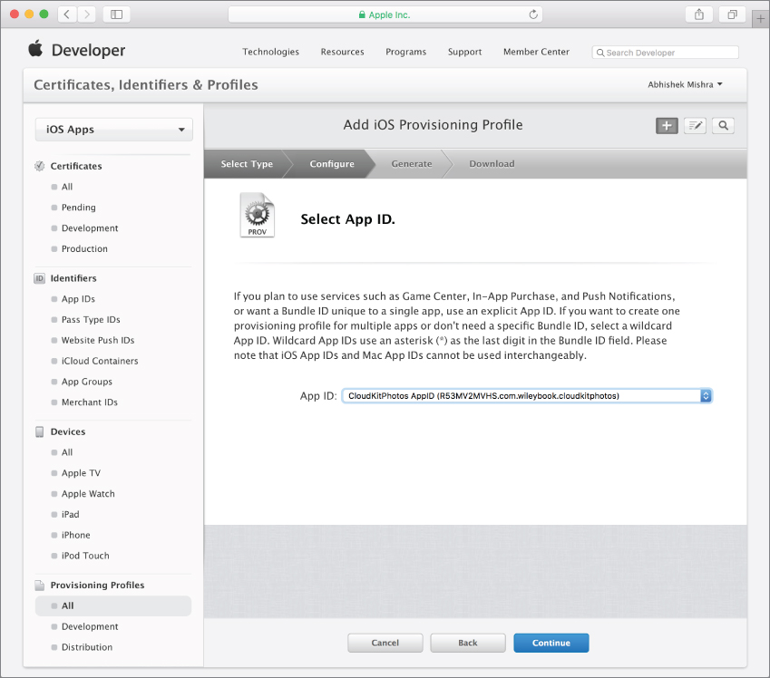 Screenshot of the iOS developer account with the Select App ID. option under Add iOS Provisioning Profile section, and App ID specified as CloudKitPhotos AppID and a Continue button at the bottom. 