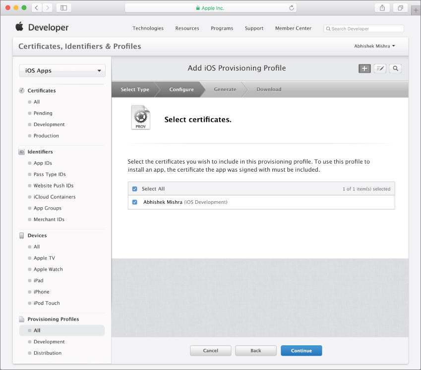 Screenshot of iOS developer account with Select ceritificates section and Select All option checked with Abhishek Mishra (iOS Development) option checked.