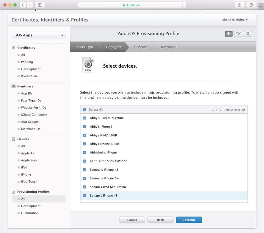 Screenshot of the iOS developer account with the Select devices. option under Add iOS Provisioning Profile section and Select All and all devices selected and a Continue button at the bottom.