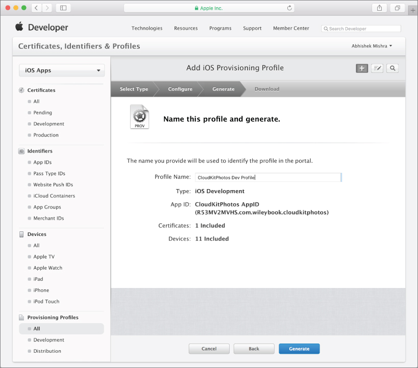 Screenshot of the iOS developer account with the Name this profile and generate option and Name filled in as CloudKitPhotos Dev Profile and a Generate button at the bottom.
