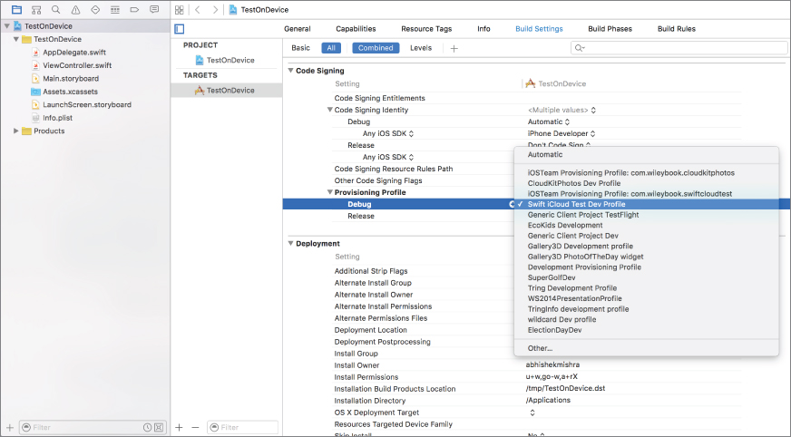 Screenshot of Project window with debug option selected, and debug drop down window with Swift iCloud Test Dev Profile selected from a list of options.