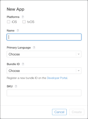 Screenshot of New App window with Platforms, Name, Primary Language, Bundle ID, and SKU options and Cancel and Create buttons at the bottom left.