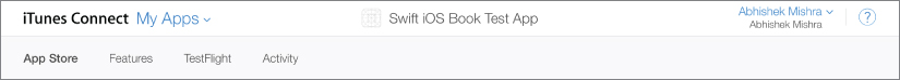 Screenshot of the tabbed menu bar at the top of iTunes Connect My Apps screen with four tabs: App Store, Features, TestFlight, and Activity.