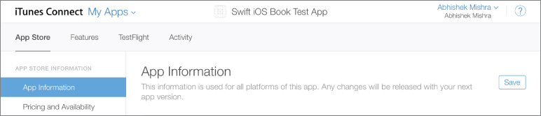 Screenshot of iTunes Connect My Apps screen with App Information under App Store highlighted and Save button on the right of App information option.
