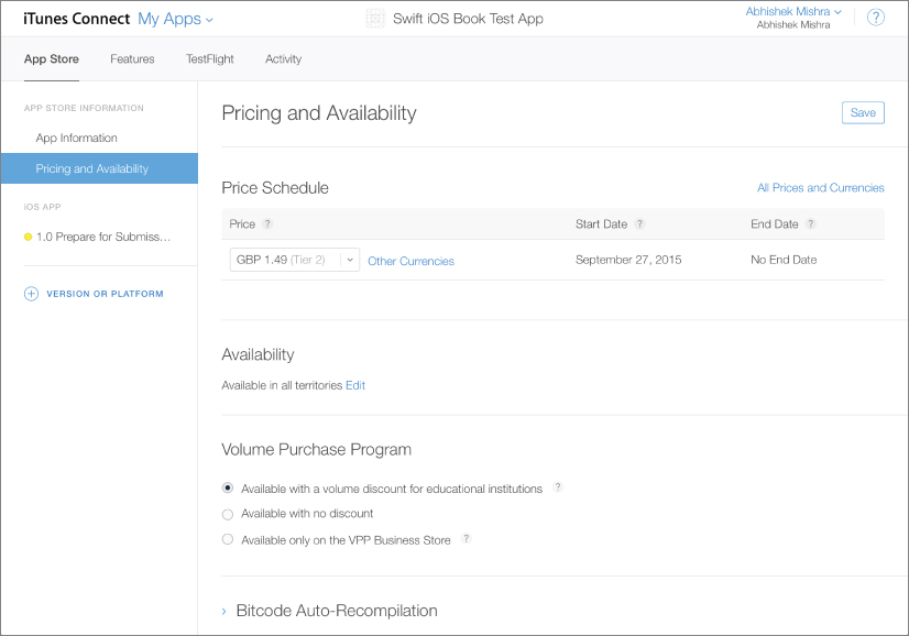 Screenshot of iTunes Connect My Apps screen with Pricing and Availability section with Price Schedule, Availability, Volume Purchase Program, and Bitcode Auto-Recompilation options.