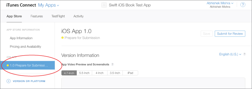 Screenshot of iTunes Connect My Apps screen with 1.0 Prepare for Submissi... highlighted and encircled with a yellow circle on the left, and Submit for Review button to the right of iOS App 1.0 option.