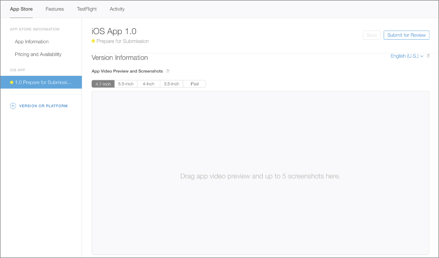 Screenshot of iTunes Connect My Apps screen with 1.0 Prepare for Submissi... highlighted with a yellow circle on the left, and 4.7 inch tab selected under Version Information on the right.