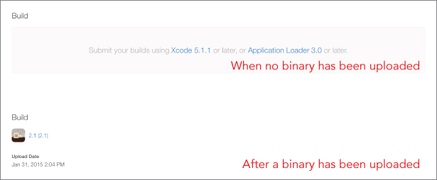 Screenshot of Build section with two options, the first without any icons with the text in red “When no binary has been uploaded” and the second with an icon and name 2.1(2.1) with text in red “After a binary has been uploaded”.