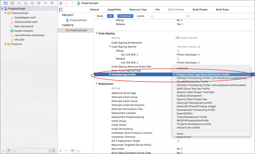 Screenshot of PropertyGraph window with Provisioning Profile option highlighted and Property Graph App Store Distribution Profile selected and encircled in the drop down menu.