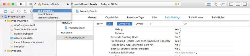 Screenshot of Xcode Project window with drop down menu showing Property Graph and Edit Scheme... Option is highlighted. 