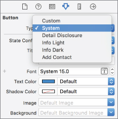 Screenshot of Attributes Inspector dialog box and Button option is selected with button types in the Type drop-down in which System is selected.