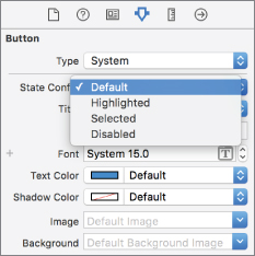 Screenshot of Attributes Inspector dialog box and Button option is selected and under State Config options Default is selected.