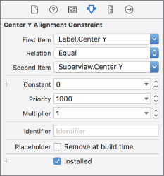 Screenshot of Center Y Alignment Constraints pop up window with Constant set to 0, Priority 1000, and Multiplier 1. 