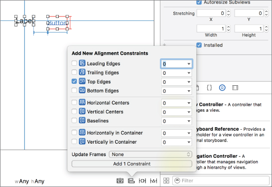 Screenshot of a storyboard screen with Top Edges option selected in Add New Alignment Constraints pop up window.