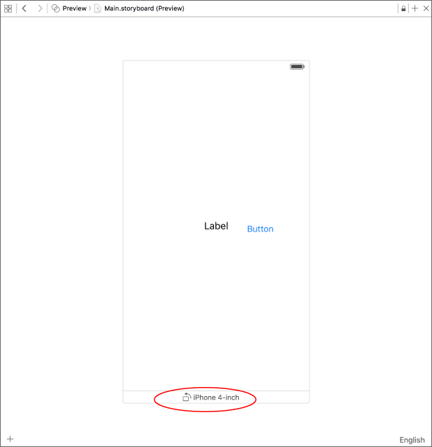 Screenshot of Main.storyboard Preview screen with toggle button and iPhone 4-inch encircled at the bottom.