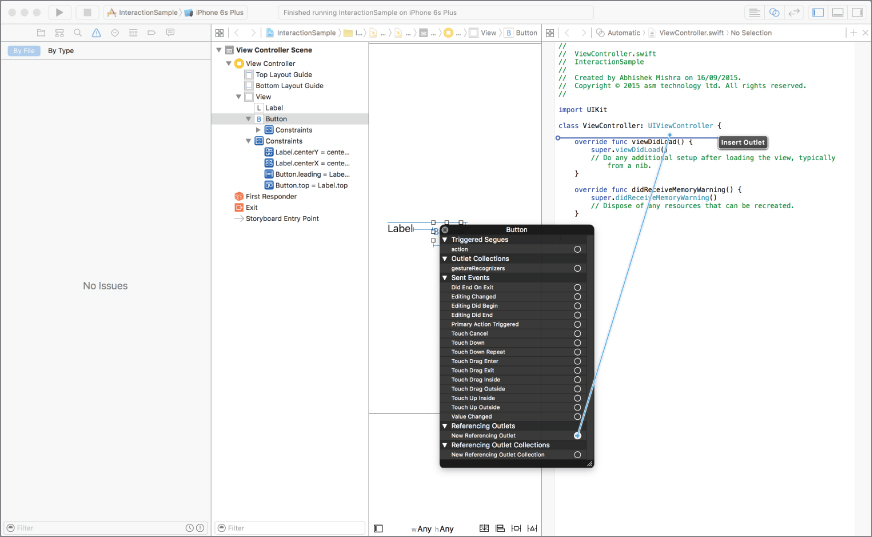 Screenshot of a storyboard screen with context menu of the button object and circle highlighted next to New Referencing Outlet connected to line marked Insert Outlet.