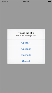 Screenshot of iOS (grayed), Alert View with the text This is the title in bold, Option 1, Option 2, Option 3 and Cancel below. 