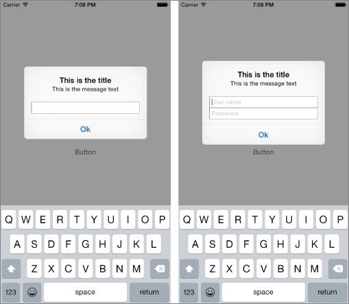 Two screenshots of iOS (grayed), Alert View with text This is the title (bold) and This is the message in both screens with Ok button below, and Username and Password input boxes in the second screen. 