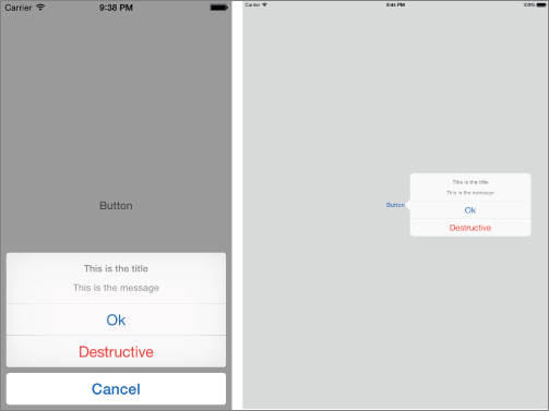 Two screenshots of iOS (grayed) with Action Sheets. Sheet is at bottom in iPhone(left), with Ok, Destructive, and Cancel options, and in the center in the iPad(right) with Ok, Destructive options as a pop-up. 