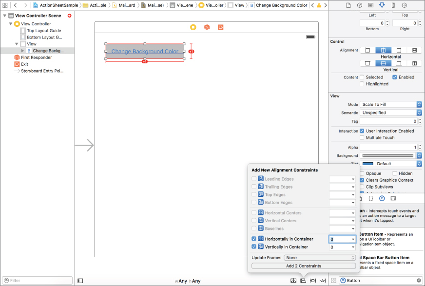 Screenshot of a storyboard screen with the words Change Background Color framed in a gray box, Add New Alignment Constraints dialog box in the bottom. 