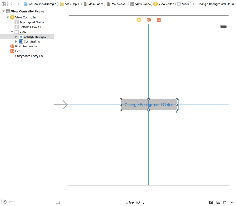 Screenshot of a storyboard with the Change Backg... selected under View Controller scene in a gray box in the center. 