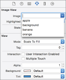 Screenshot of Attribute Inspector dialog box and Image option under Image View tab has apple, banana, background, and orange as options. 