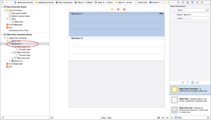 Screenshot of a storyboard screen with Table View Controller Scene sub menu Section-1 highlighted (gray) and encircled, and a storyboard scene with Section-1 and Section-2. 