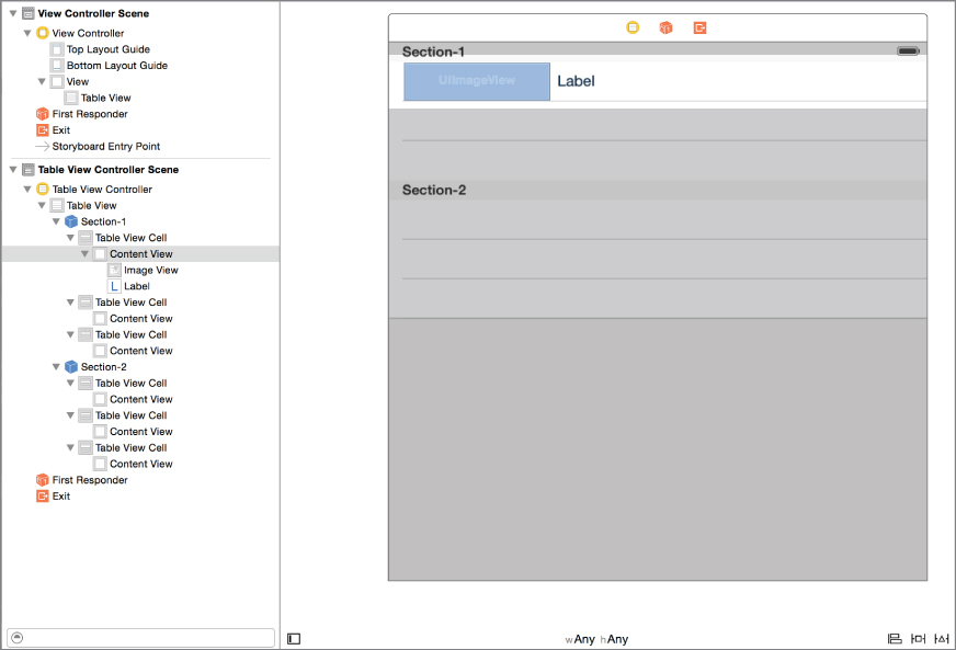 Screenshot of View Controller Scene with Content View highlighted, and rows for Image view and Label with UIImageView box in the storyboard scene. 