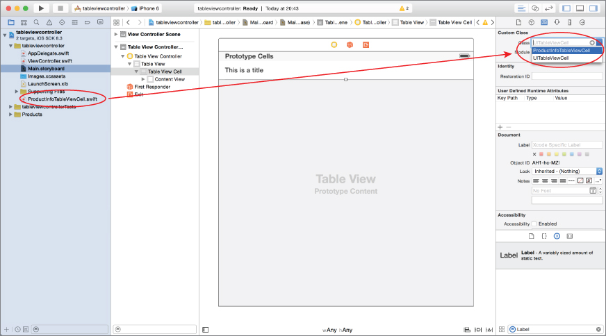 Screenshot of a storyboard screen with the words Main.storyboard highlighted(blue), and ProductInfoTableViewCell.swift encircled in the left with an arrow to Custom Class in right . 