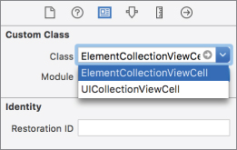 Screenshot of Identity inspector dialog box with ElementCollectionViewCell selected under Class option.