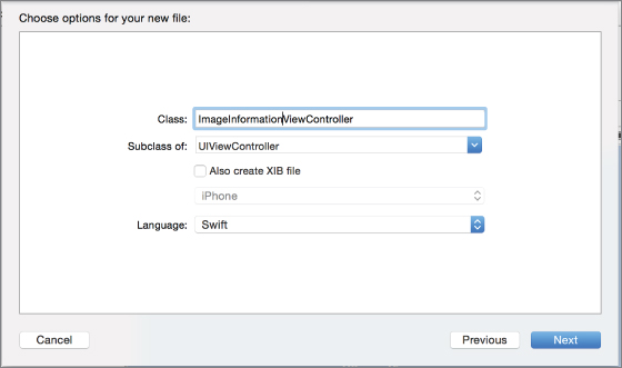 Screenshot of Choose options for your new file dialog box, with the Class filled in as ImageInformationViewController, Subclass of filled in as UIViewController. 