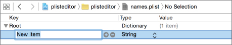 Screenshot of plisteditor with New Item added under Root, highlighted in blue, and Type set to String. 