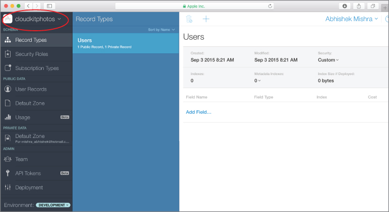 Screenshot of the CloudKit dashboard with cloudkitphotos option encircled and Record Types option grayed, Users option highlighted in the next tab, and Users information displayed on the right. 