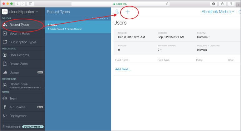 Screenshot of the CloudKit dashboard with Record Types option grayed and encircled with an arrow pointing to the plus button at the top of Users tab on the right. 