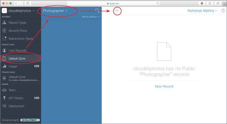 Screenshot of the CloudKit Dashboard with Default Zone option encircled and an arrow pointing to Photographer which is encircled with an arrow pointing to Add button, which is encircled.