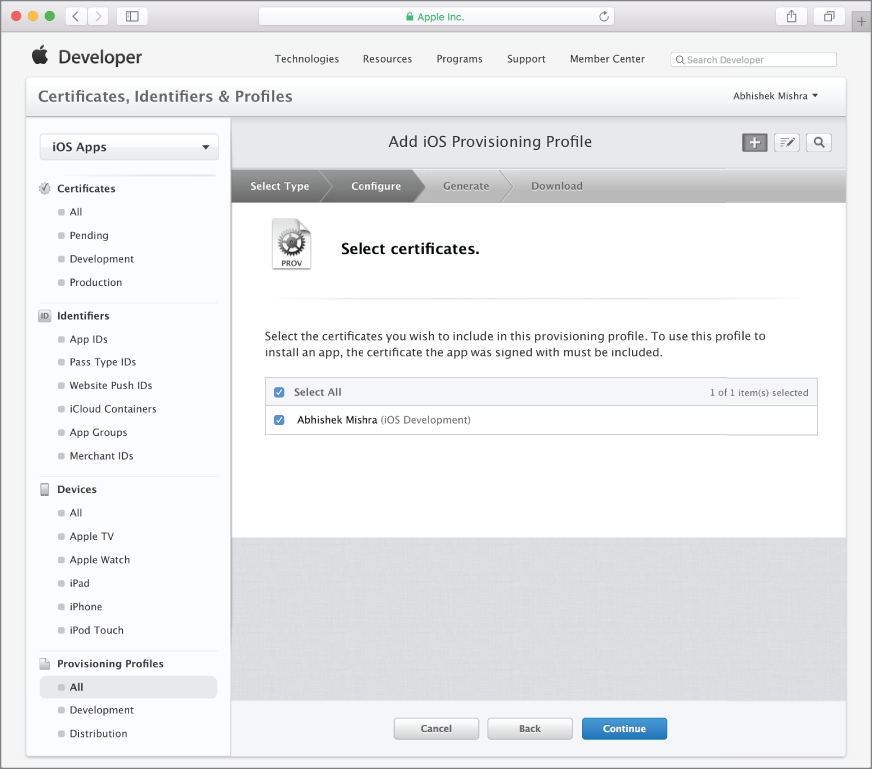 Screenshot of the iOS developer account with the Select certificates. option under Add iOS Provisioning Profile section and Select All and Abhishek Mishra selected and Continue button at the bottom.