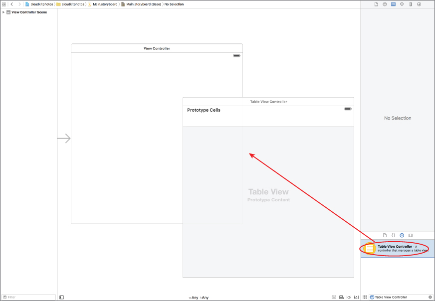 Screenshot of a storyboard screen with Table View Controller Object encircled at the bottom left and an arrow pointing to a storyboard scene.