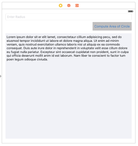 Screenshot of storyboard scene with text field, text view objects placed, with the words Compute Area of Circle in a gray box.